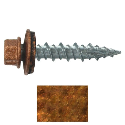 Top Shelf One Inch Metal Roofing Screws With Copper Finished Hex Washer Heads And Thick Epdm Sealing Washers For No Sweat Drilling showing screw with EPDM seal.