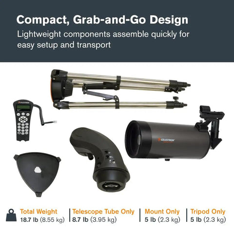 Components of NexStar 127SLT Computerized Telescope With SkyAlign Auto Finder displayed for compact and easy transport.