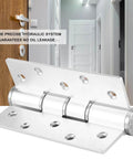 E Type Concealed Door Hinge With Hydraulic Automatic Closing And Damping Aluminum Construction Adjustable Speed Silent Operation Ideal For Interior Doors And Cabinets Rust Resistant Heavy Duty Door Closer Hinge, shown installed on a wooden door.
