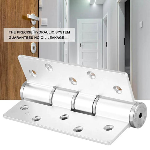 E Type Concealed Door Hinge With Hydraulic Automatic Closing And Damping Aluminum Construction Adjustable Speed Silent Operation Ideal For Interior Doors And Cabinets Rust Resistant Heavy Duty Door Closer Hinge, shown installed on a wooden door.