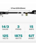 Low Profile Flat Plug 2Ft Extension Cord With 14AWG 15A 125V 1875W, Heavy Duty Black Power Cable specifications diagram