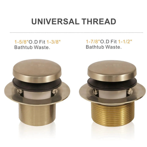 Gold Brushed Brass Tub Drain Conversion Kit With Two Hole Overflow Faceplate, Universal Fit For 1-3/8 Inch Drains, thread sizes shown