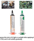 Two-pack of light-curing solder mask ink in black and green for PCB repair and BGA fix, compact and quick drying