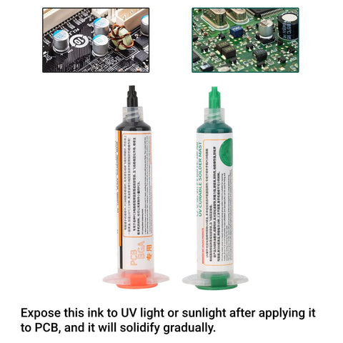 Two-pack of light-curing solder mask ink in black and green for PCB repair and BGA fix, compact and quick drying