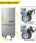 Adjustable Furniture Dolly With Four Dual Locking Wheels under a refrigerator showing dual locking PVC casters, 360-degree rotation.