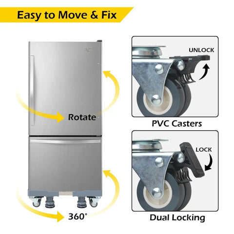 Adjustable Furniture Dolly With Four Dual Locking Wheels under a refrigerator showing dual locking PVC casters, 360-degree rotation.