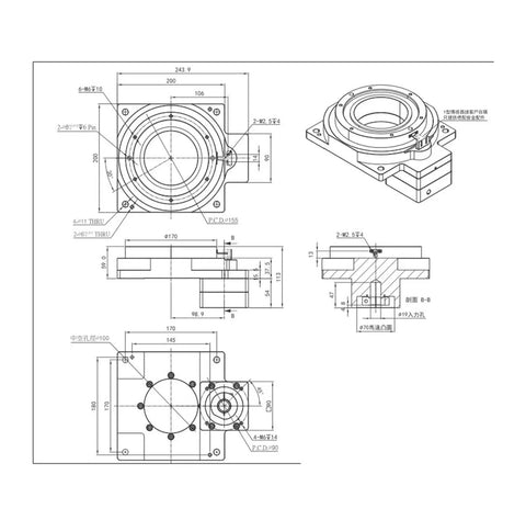 Technical drawing of Heavy Duty Hollow Rotary Platform Gearbox Reducer Featuring Rock Solid 360 Degree Swivel Action and Reliable 10 To 1 Plus 18 To 1 Speed Reduction Ratios.