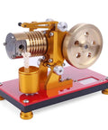 Sick Yellow Stirling Engine Desktop Model Built From Heavy Duty Aluminum Brass And Stainless Steel With A Rock Solid Hot Air Drive View from the side highlighting engine parts.
