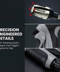 Image of heavy duty high pressure washer gun with adjustable jet nozzle, 360 degree rotating head, and ergonomic grip features.