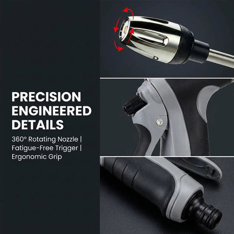 Image of heavy duty high pressure washer gun with adjustable jet nozzle, 360 degree rotating head, and ergonomic grip features.
