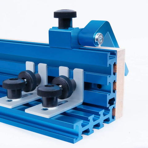 Close-up of 36 Inch Universal T Slot Track For Woodworking with attachments, multi T track system for jigs and fixtures, aluminum.
