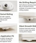 12 Pack Slick Self Adhesive Swivel Casters With Heavy Duty Sticky Pads For Zero Hassle 360 Degree Rotating Mini Glides showing metal ball roller and detailed function.