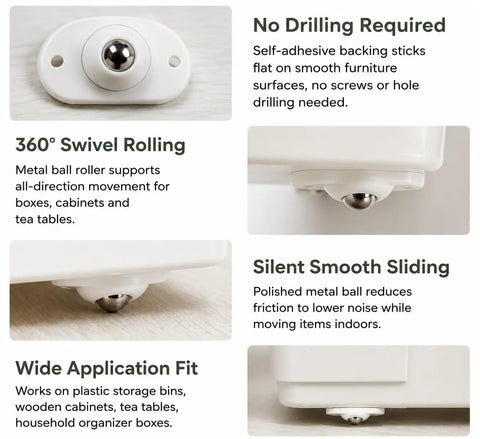 12 Pack Slick Self Adhesive Swivel Casters With Heavy Duty Sticky Pads For Zero Hassle 360 Degree Rotating Mini Glides showing metal ball roller and detailed function.