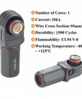 Heavy Duty Tough As Nails 90 Degree 350 Amp Single Core Plug for Electric Vehicle Battery and Energy Storage Connectors IP67 Waterproof crimp style black connector.