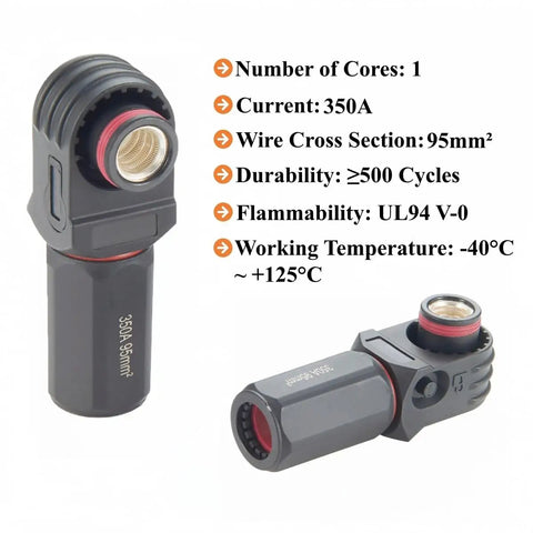 Heavy Duty Tough As Nails 90 Degree 350 Amp Single Core Plug for Electric Vehicle Battery and Energy Storage Connectors IP67 Waterproof crimp style black connector.