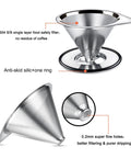Pour Over Stainless Steel Coffee Dripper Cone Filter Paperless Reusable Coffee Filter For Single To Two Cup Makers With Non Slip Cup Stand And Cleaning Brush No Paper Filters No Grounds In Your Cup Easy Clean, showing fine mesh filter and anti-skid ring.