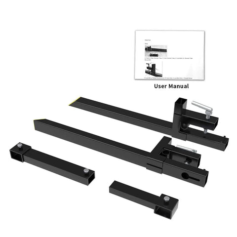 1500 Lbs Clamp On Pallet Forks 43 Inch Heavy Duty For Loader Bucket Skid Steer Tractor With Durable Welded Steel Construction And T Bar Reinforcement components shown with user manual