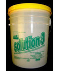 Front view of a 5-gallon white plastic bucket with yellow lid labeled Sam Solution 3 final rinse sanitizer