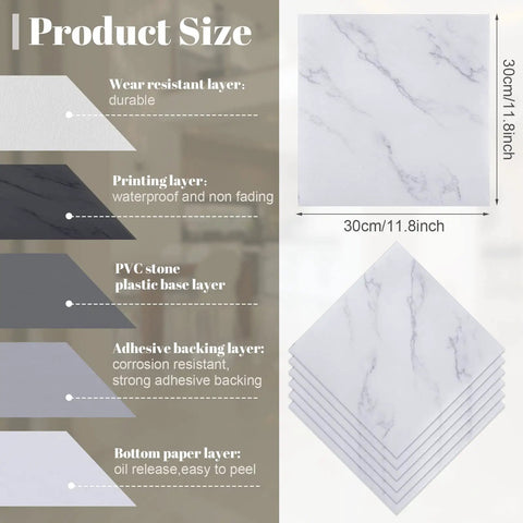 48 Pack Peel And Stick Vinyl Floor Tiles 12 By 12 Inch Dope DIY Friendly Self Adhesive Waterproof Floor Tiles For Home Upgrade Bathroom Kitchen Bedroom Living Room White Marble Look Easy Install Removable With No Residue, product specifications with layers and dimensions shown