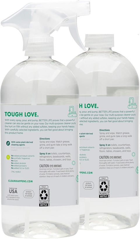 Two bottles of All Purpose Cleaner Spray For Home And Kitchen Multipurpose Multisurface Cleaner For Glass Countertops Appliances Upholstery And More Unscented 32oz Pack Of 2 with labels visible.