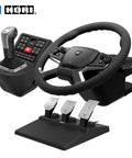 Truck Driving Simulator Control System For Windows 11 And 10 with force feedback steering wheel, shifter panel, pedals shown