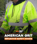 American Grit Hi Vis Hoodie for Men Built Tough, Class 3 Type R Safety Sweatshirt, ANSI ISEA 107-2020 Certified in yellow.