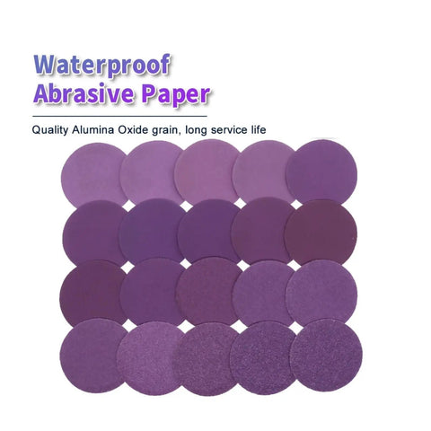 Grab These 2 Inch Wet Dry Sanding Discs With Flocking Backing For Wood Polishing And Surface Prepping From Coarse Grit 60 To Ultra Smooth 10k Silicon Carbide Abrasives That Work Like Magic On Any Project You Got Going Right Now. Waterproof abrasive paper discs in various purple shades.
