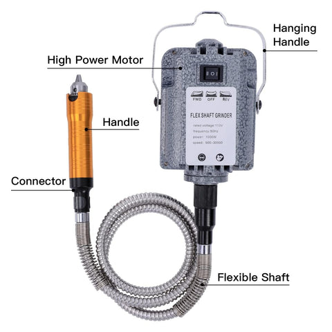 Powerful 1000W Flex Shaft Rotary Tool With Foot Pedal Control And Forward Reverse Rotation 500 To 30000 RPM Hanging Grinder Carver Kit.