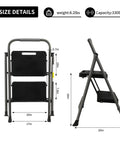 Two Step Folding Ladder With Non Slip Wide Pedal And Rubber Feet, Lightweight Steel Stool With Sponge Safety Handrail, 330 Lb Capacity, Portable Multi Use Ladder For Home And Office, Gray showing dimensions and weight.