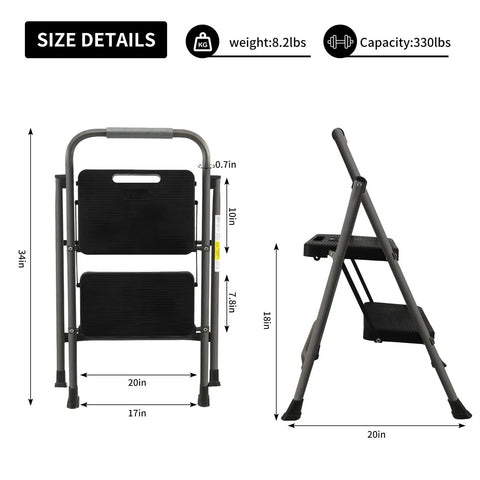 Two Step Folding Ladder With Non Slip Wide Pedal And Rubber Feet, Lightweight Steel Stool With Sponge Safety Handrail, 330 Lb Capacity, Portable Multi Use Ladder For Home And Office, Gray showing dimensions and weight.