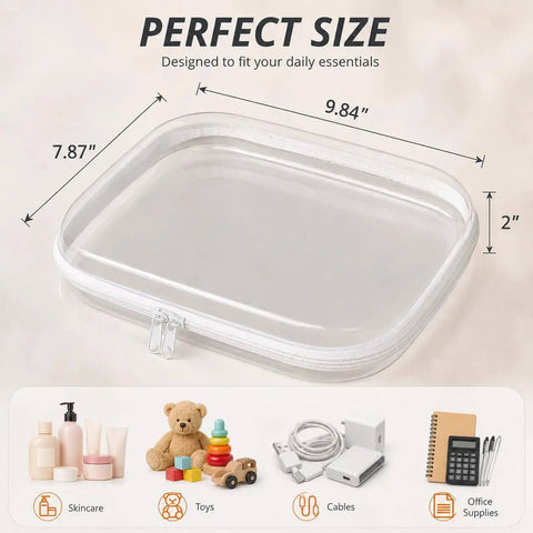Three Pack Super Sized Clear Hard Shell Zipper Travel Cases For Makeup Cosmetics Toiletries Toys And Gear With Hella Room Durable Shield And Zero Hassle Packing For Your Next Adventure, showcasing dimensions 9.84\"x7.87\"x2\".
