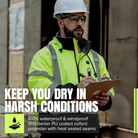 Construction worker wearing Hi Vis Heated Bomber Jacket For Men With Reflective Tape Waterproof Class 3 Winter Rain Gear
