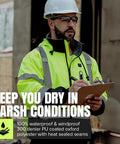 Man wearing Hi Vis Waterproof Heated Safety Bomber Jacket For Men With Reflective Tape, clipboard in hand on construction site.