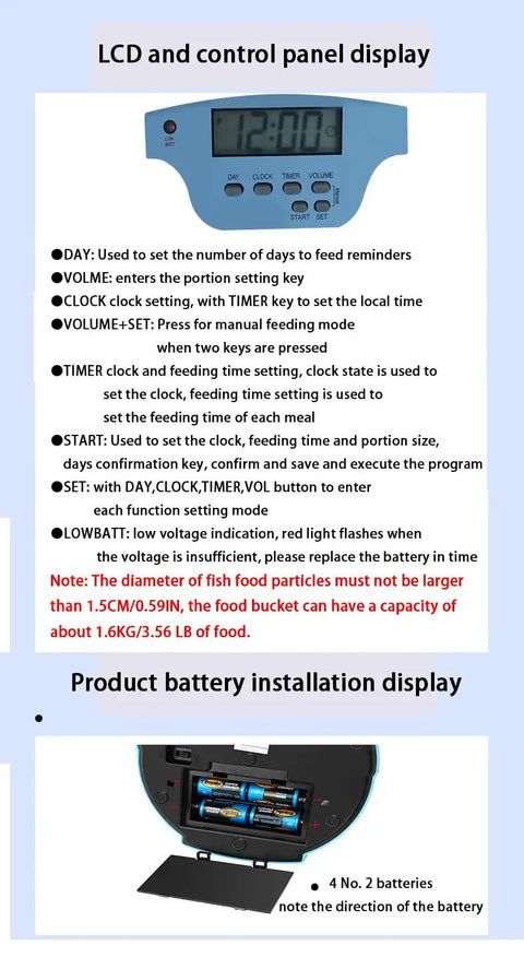 LCD display and control panel for Massive 4.5 Liter Automatic Pond Fish Feeder Built Like A Tank With Smart Timer Control.