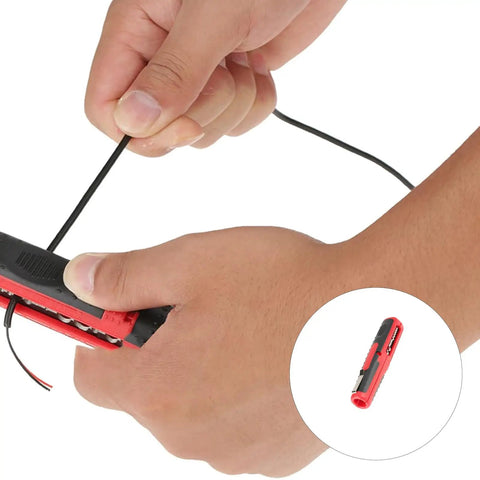 Person using Heavy Duty Wire Strippers For Coaxial Cables And Electrical Wiring Awg 10-20 on black wire.