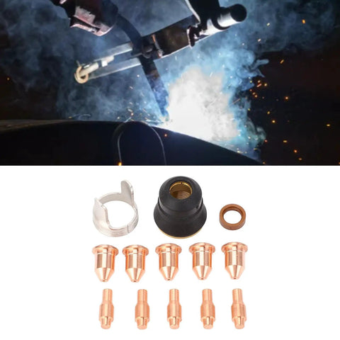 Ultimate 13PC Plasma Cutting Consumables Kit With Tough Nozzles For Harbor Freight 45A Welder, showing nozzles and components for plasma cutting.