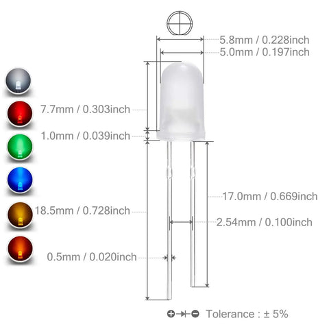 Diagram of Dope 60 Pack Of 5mm LED Diodes Set With Diffused Round Lens For Electronics Projects 3V 20mA Lighting Bulbs Assorted Colors.
