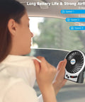 4.9 Inch Mini Desk Fan With 3 Speed Settings, Rechargeable Battery Or USB Powered, LED Light in use by person in car
