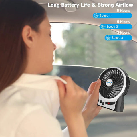 4.9 Inch Mini Desk Fan With 3 Speed Settings, Rechargeable Battery Or USB Powered, LED Light in use by person in car