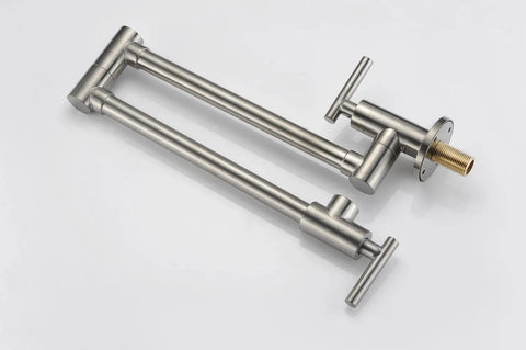Pot Filler Faucet Wall Mount Brushed Nickel Finish with Dual Swing Joints 304 Stainless Steel Lead Free shown on light background