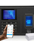Straight Up Plug And Play Biometric Fingerprint Time Clock showing sync options with phone app and IC cards.