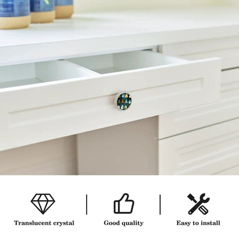 4 Pack White Cabinet Pull Handles With Mounting Screws, Cute Christmas Tree And Snowman Knobs For Cupboards, Drawers, And Dressers, Crystal Glass Accent on open drawer