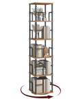 Solid Five Tier Freestanding Swivel Corner Bookshelf With Slick 360 Spin Rustic Industrial Storage Rack And Hassle Free Organization For Living Room Bedroom Or Hangout Spot displaying books and decor.