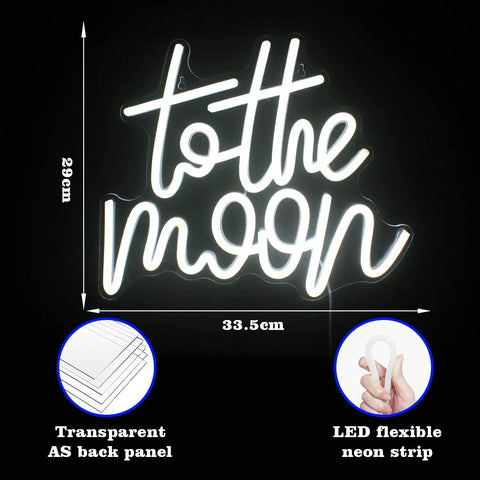 To The Moon Neon Sign LED Letters White Neon Light For Wall Decor, Low Voltage Silicone LED Moon Sign dimensions shown