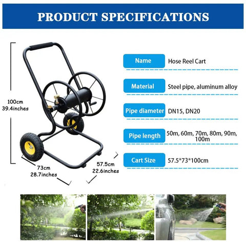 Heavy Duty Garden Hose Reel Cart With Smooth Rolling Wheels, Ergonomic Design Helps You Wind Pipes No Sweat, spacious specs.