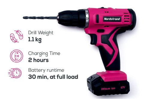 Pink Cordless Drill Set For Women, 12V Rechargeable Li-Ion Battery Kit with drill weight, charge time, and runtime details