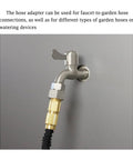 Stainless Steel Garden Hose Adapter Set Three Quarter Inch GHT Female To One Half Inch NPT Female Quick Swivel Connectors 304 Stainless Corrosion Resistant Outdoor Watering Fittings Pack Of Two, shown on faucet