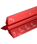 Tough As Nails 12 Inch Triangular Architectural Scale Ruler Made From Heavy Duty Aluminum showing red finish and engraved measurements.