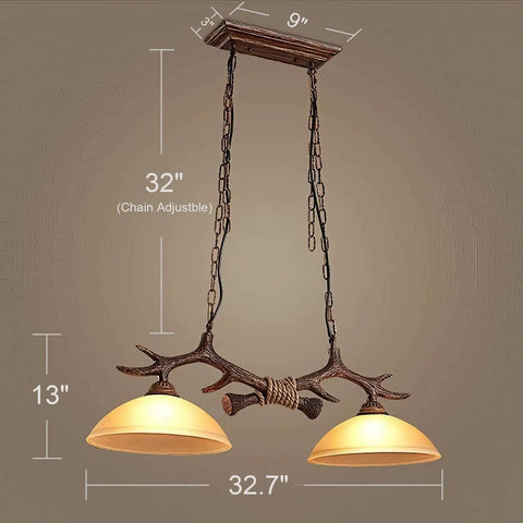 Rustic Retro Two Light Chandelier With Hand Dyed Resin Antlers On Frosted Glass Bowl For Kitchen Dining Room Farmhouse