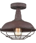 Straight Up Rustic Charm All Metal Barn Style Semi Flush Mount Ceiling Light with wire cage in rust finish.
